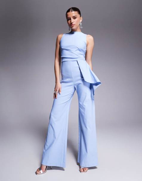 Vesper - Jumpsuit van bengaline met hoge hals, gedrapeerde zijkant en wijde pijpen in babyblauw - view 1