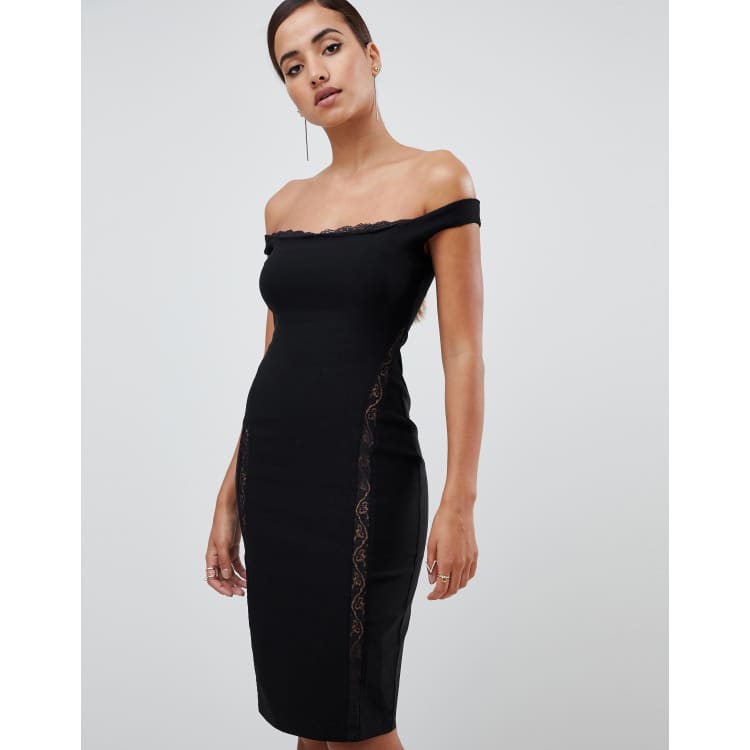 Vesper lace underlay bardot bodycon midi dress in black ASOS