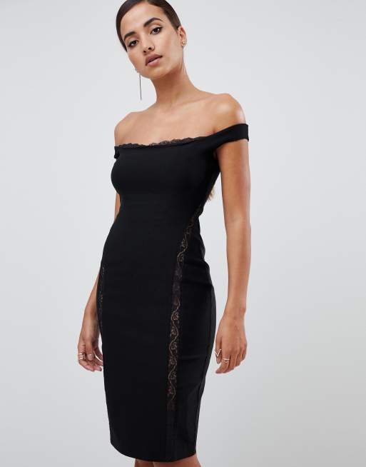 Vesper lace underlay bardot bodycon midi dress in black | ASOS