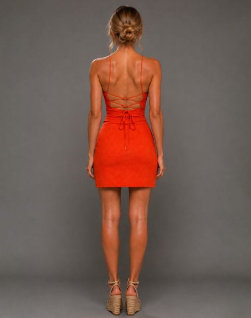 Vesper Lace up back mini dress in orange, 2 of 5