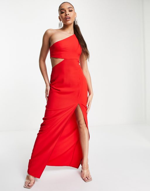 Vesper - Lange jurk met blote schouder en hoge split in rood