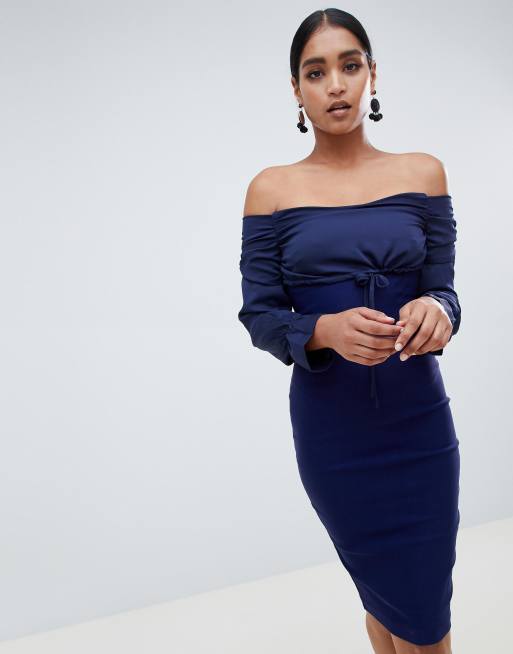 Vesper long sleeve bardot dress with tie detail ASOS