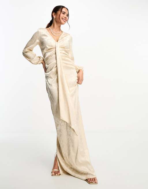 sachin and babi light blue dress Area Stars Cowl Neck Long Sleeve Satin Midi Dress In Champagne - 60% Off