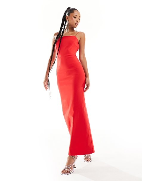 Nevali Bandeau Ruffle Detail Maxi Dress in Red