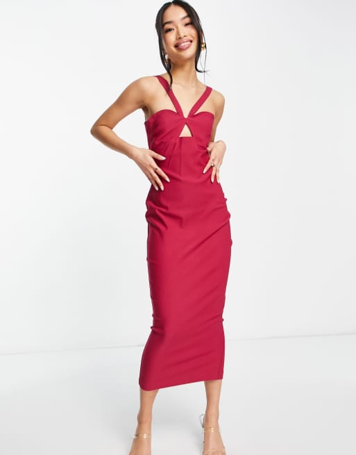 Vesper – Malinowa sukienka midi na ramiączkach o kroju bodycon z łezką