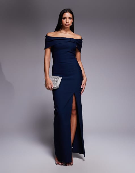 Vesper - Marineblå maxikjole med dyb bardot-udskæring, indsyning og sideslids i bengalin - view 1