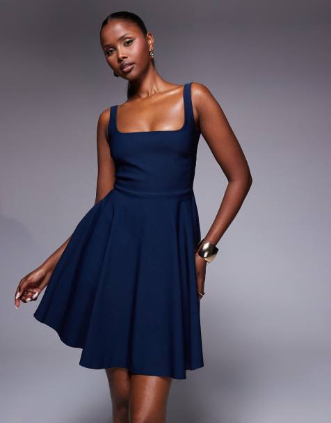 Vesper - Marineblå skater-minikjole med dyb rund ryg i bengalin - view 1