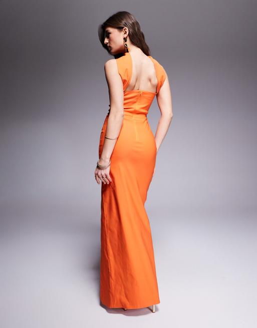 Vesper - Maxi bandeau-jurk van bengaline met chokerhals en zijsplit in oranje, 2 van 4