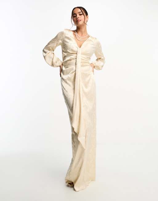 Vesper - Maxi-jurk met lange mouwen en strikdetail in champagne
