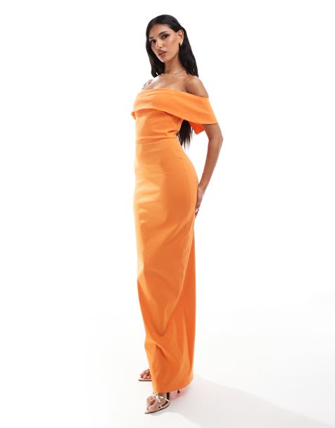 Vesper - Maxi jurk van bengaline met bandeau halslijn met omslag in oranje - view 1