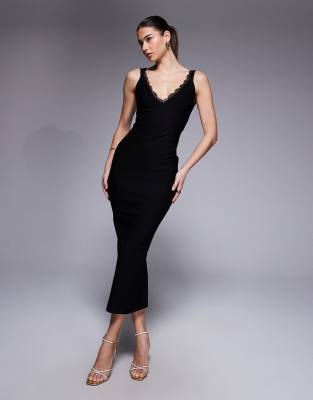 Vesper - Maxi-Trägerkleid aus Bengaline in Schwarz mit V-Ausschnitt und Spitzenborte