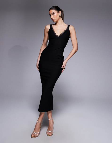 Vesper – Maxi-Trägerkleid aus Bengaline in Schwarz mit V-Ausschnitt und Spitzenborte - view 1