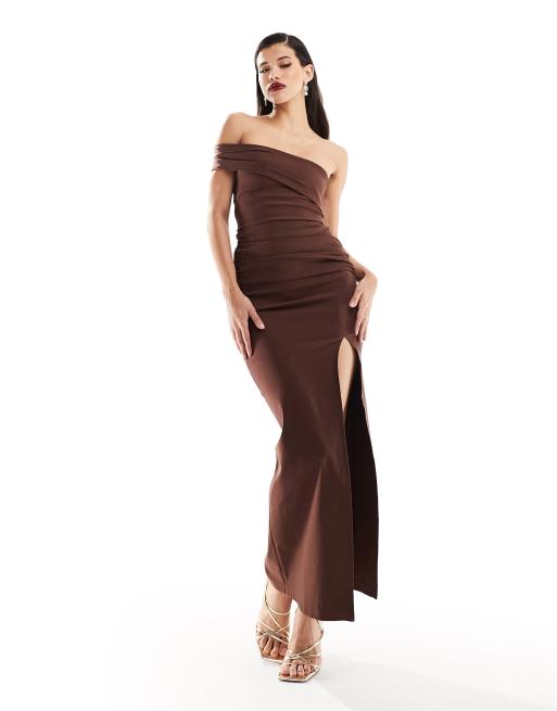 Vesper – Maxikleid aus Bengaline in Schokobraun mit One-Shoulder-Träger und hohem Schlitz