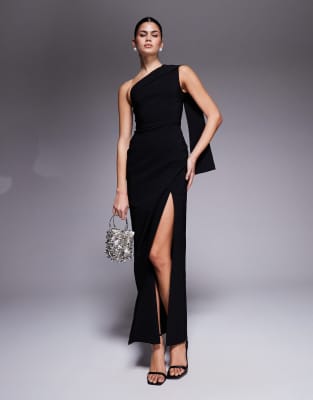 Vesper - Maxikleid aus Bengaline in Schwarz mit One-Shoulder-Träger, Drapierung und seitlichem Schlitz