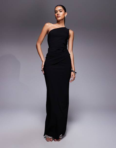 Vesper – Maxikleid aus Bengaline in Schwarz mit One-Shoulder-Träger und geraffter Taille mit Drapierung - view 1