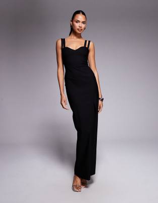 Vesper - Maxikleid aus Bengaline in Schwarz mit Riemchenträgern und Herzausschnitt