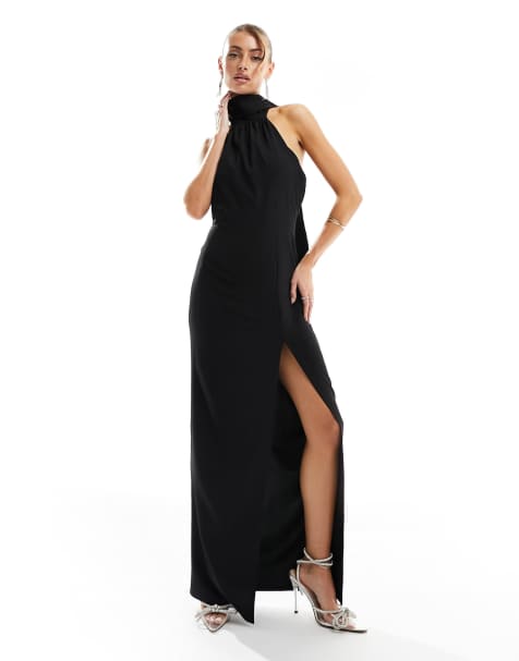 Vesper – Maxikleid aus Bengaline in Schwarz mit Schal-Neckholder und Schlitz bis zum Oberschenkel - view 1