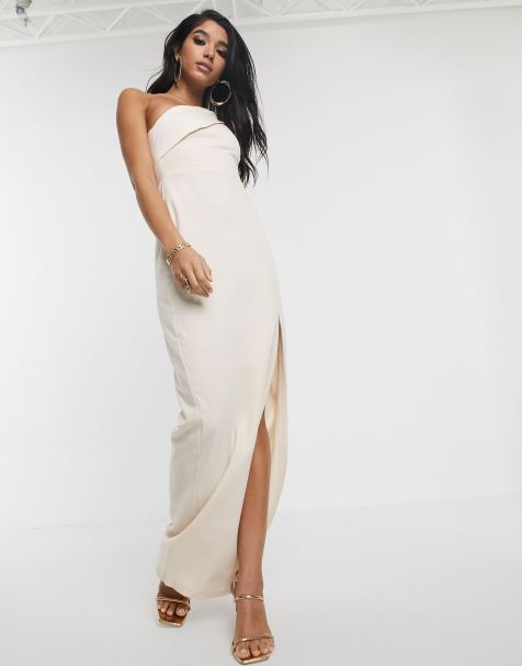 Vesper – Maxikleid in Stone mit One-Shoulder-Träger und hohem Schlitz