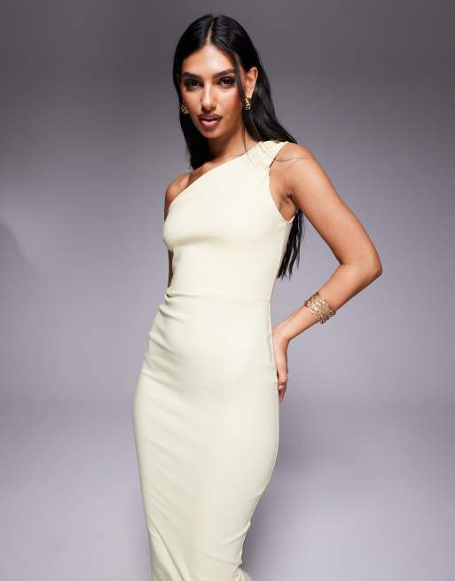Vesper - Midaxi bodycon jurk van bengaline met enkel schouderbandje in citroengeel, 2 van 4