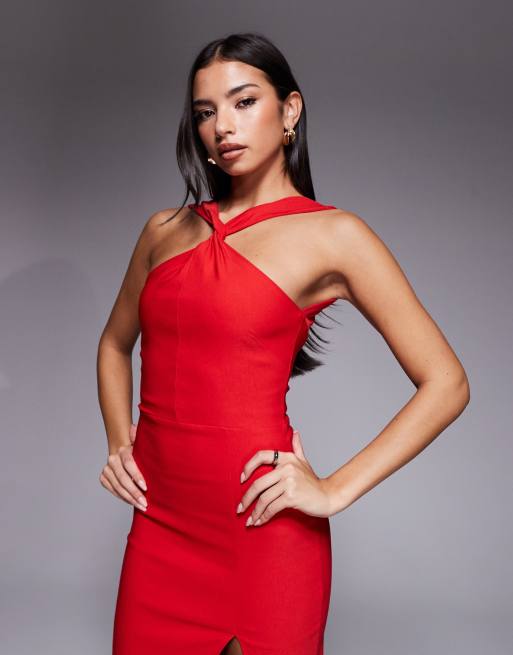Vesper - Midaxi-jurk van bengaline met gedraaide voorkant, halternek en dijsplit in rood, 4 van 4