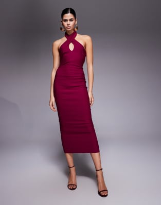 Vesper - Midaxi-Kleid aus Bengaline in Beerenrot mit vorne überkreuztem Neckholder und Schlüssellochausschnitt-Rosa