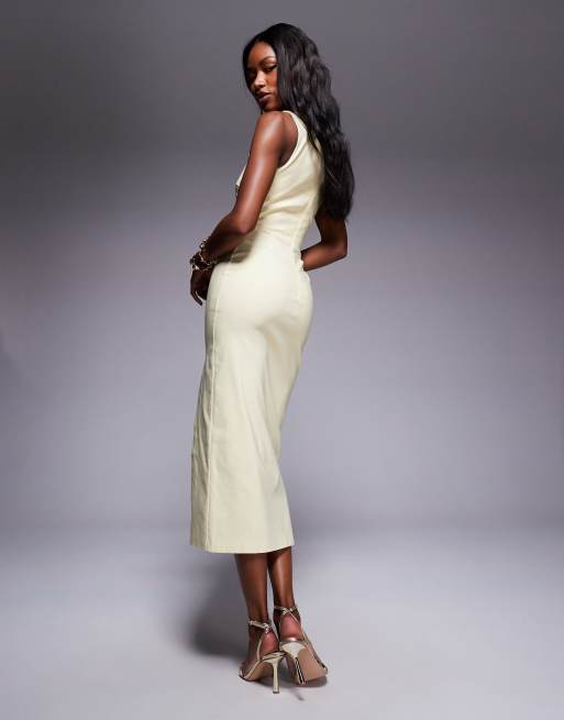 Vesper – Midaxi-Kleid aus Bengaline in Gelb mit One-Shoulder-Träger und hohem Schlitz, 4 von 4