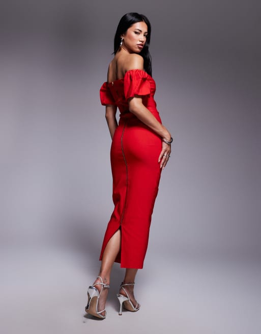 Vesper – Midaxi-Kleid aus Bengaline in Rot mit geraffter Seite, Puffärmeln und Carmen-Ausschnitt, 2 von 4
