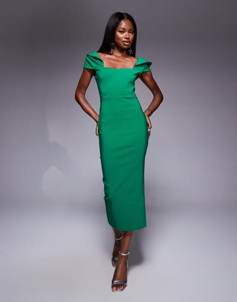 Vesper – Midaxi-Kleid aus Bengaline in Smaragd mit Carmen-Ausschnitt und drapierten Ärmeln - view 1
