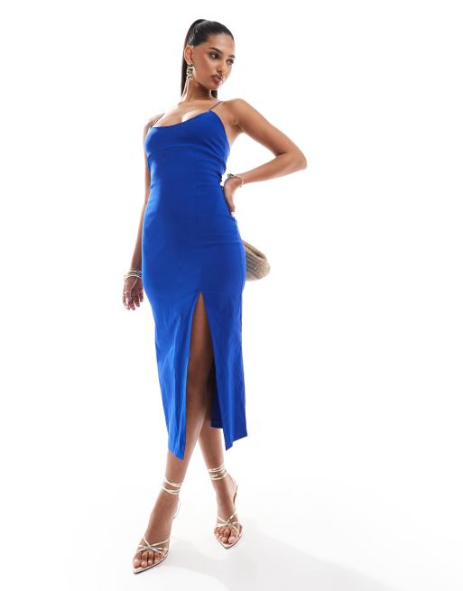 Vesper – Midaxikleid aus Bengaline in Kobaltblau mit hinten überkreuzten Trägern