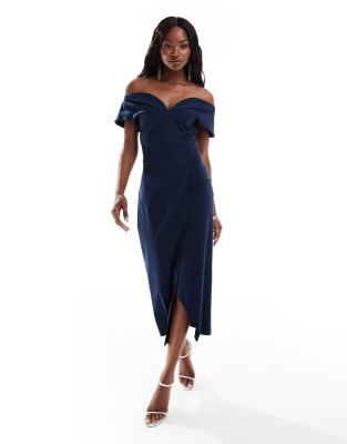 Vesper - Midaxikleid aus Bengaline in Marineblau mit Wickeloptik und herzförmigem Bardot-Ausschnitt