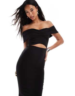 Vesper - Midaxikleid aus Bengaline in Schwarz mit Bardot-Ausschnitt mit Umschlag und Zierausschnitt