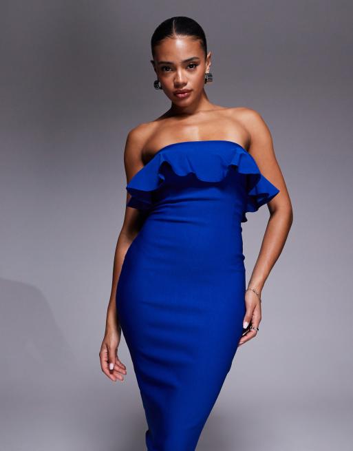 Vesper - Midi bandeau-jurk met omgeslagen buste met ruches in kobaltblauw, 3 van 4
