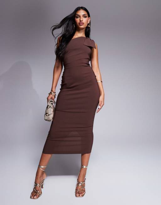 Vesper - Midi-jurk met één schouder en strikdetail in chocoladebruin