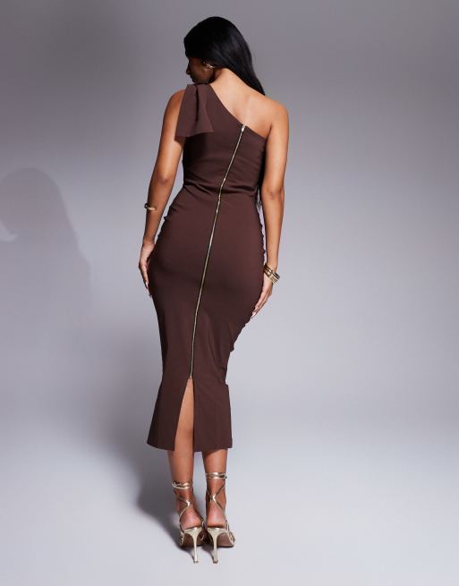 Vesper - Midi jurk van bengaline met blote schouder en strikdetail in chocoladebruin, 2 van 4