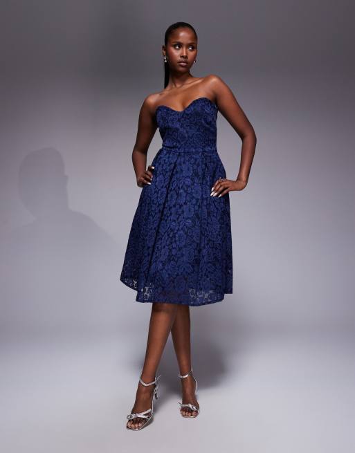 Vesper - Midi-jurk van bengaline met kanten bovenlaag, hartvormige bandeau-halslijn en geplooide zoom in marineblauw
