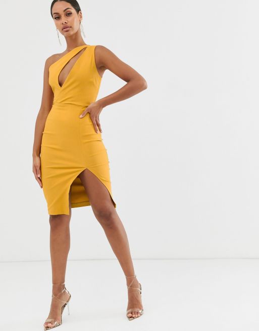 Vesper - Midi-kokerjurk met blote schouder, stretch en split in goudgeel