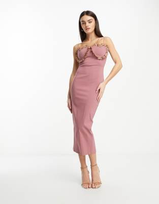 Vesper - Midi-Trägerkleid in Rosé mit Herzdetail aus Spitze-Rosa