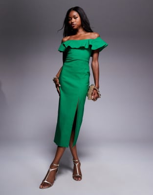 Vesper - Midikleid aus Bengaline in Smaragdgrün mit gerüschtem Carmen-Ausschnitt und Seitenschlitz