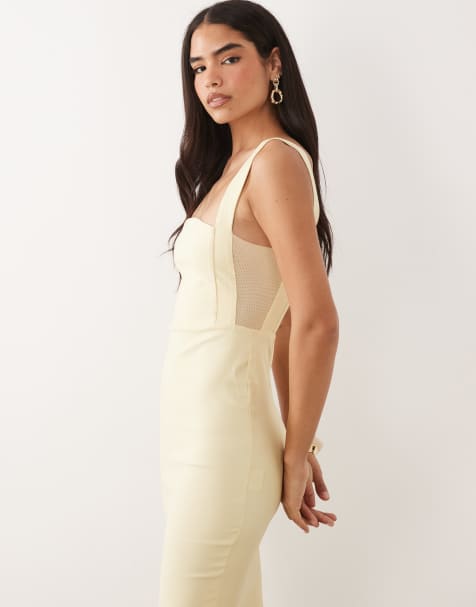 Vesper – Midikleid aus Bengaline in Zitronengelb mit eckigem Ausschnitt und Netzeinsatz - view 1