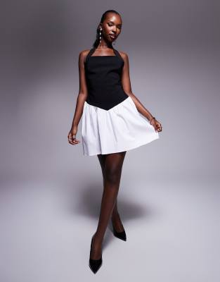 Vesper - Minikleid aus Bengaline in Schwarzweiß mit Neckholder und kontrastierendem Design-Bunt