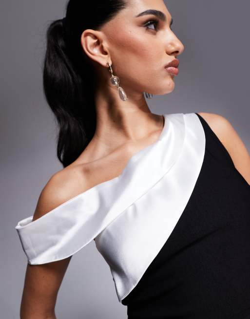 Vesper mono satin shoulder drape detail maxi dress in black