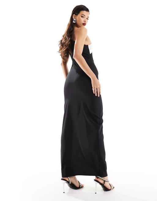 Vesper monochrome contrast satin thigh split maxi dress in black