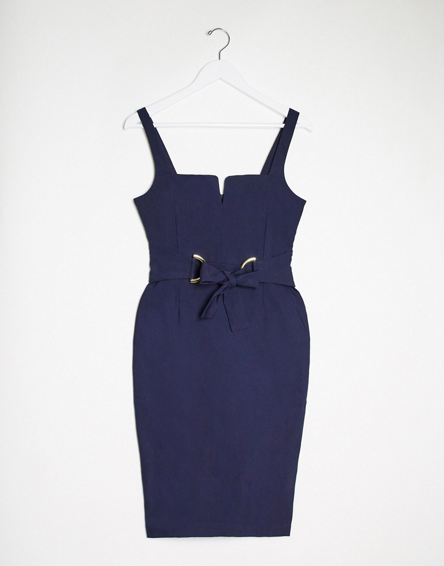 Vesper – Mörkblå fodralklänning i midimodell med knytning framtill-Marinblå