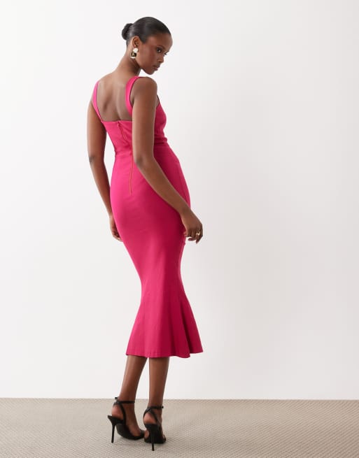 Vesper - Mouwloze midi jurk van bengaline met vierkante halslijn en fishtail in roze, 4 van 4