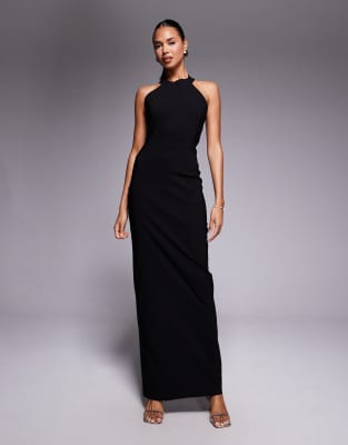 Vesper - Neckholder-Maxikleid aus Bengaline in Schwarz mit hohem U-Ausschnitt und tiefem Rückenausschnitt