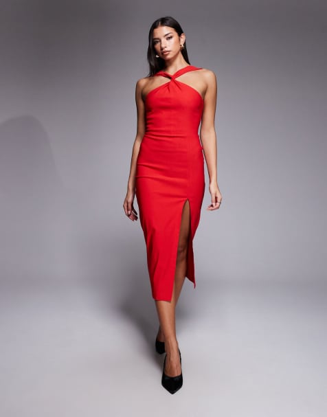 Vesper – Neckholder-Midaxikleid aus Bengaline in Rot mit Seitenschlitz und verdrehter Vorderseite - view 1