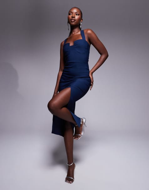 Vesper Notch detail midaxi dress with cross straps in navy - view 1