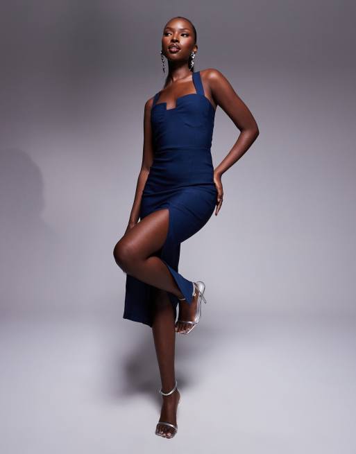 Vesper Notch detail midaxi dress with cross straps in navy