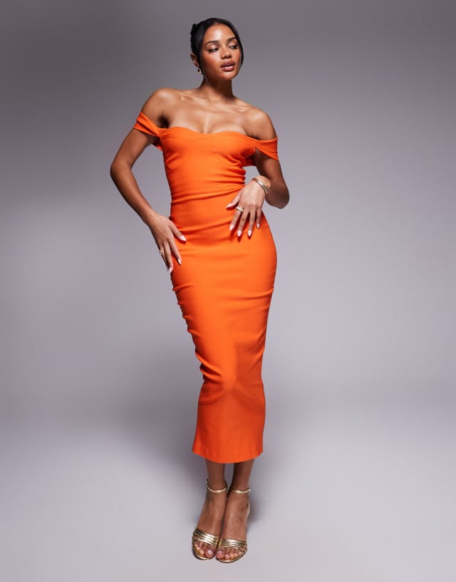 orange off the shoulder bodycon dress Vesper bardot midaxi in Tutu_Wedding_Dress Chocolate Contrast Mesh Drape Color:EmeraldGreen adding an unexpected twist