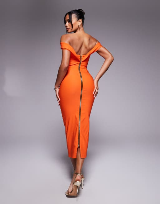 Vesper Off shoulder bardot bodycon midaxi dress in orange 